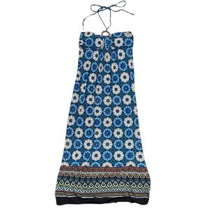 VTG Saint Tropez Womens 8 Boho Maxi Dress Blue‎ Floral Halter Beach Vacation Y2K